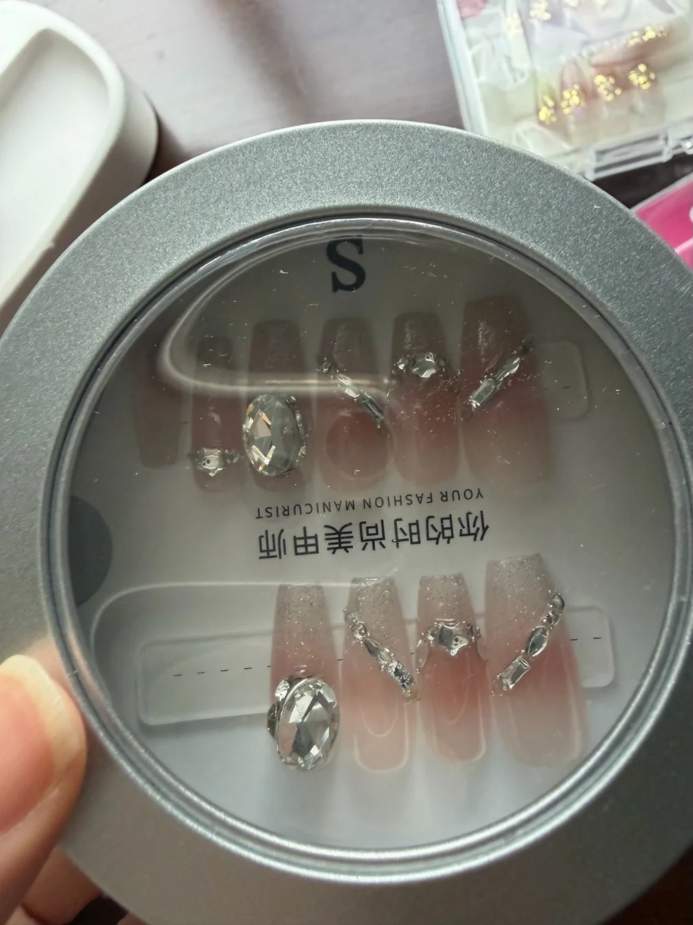 Clear Pink Acrylic Press-On Nail Set with Rhinestones